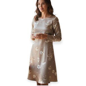 Tessuto Floral Dress S Beige Taupe Satin Long Sleeve Sheath Midi Vintage